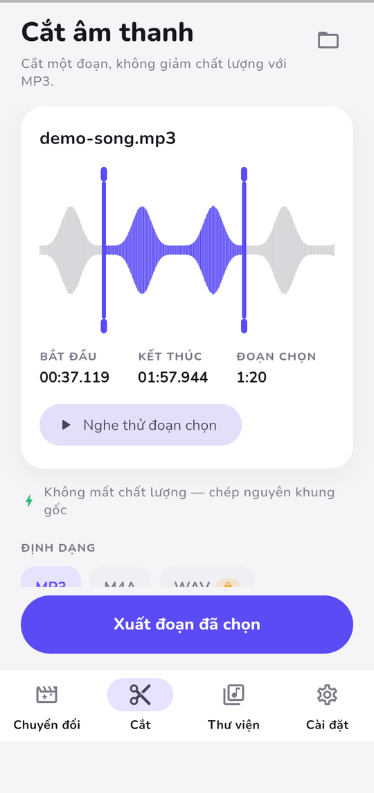 Trình cắt với waveform và hai tay kéo chọn đoạn